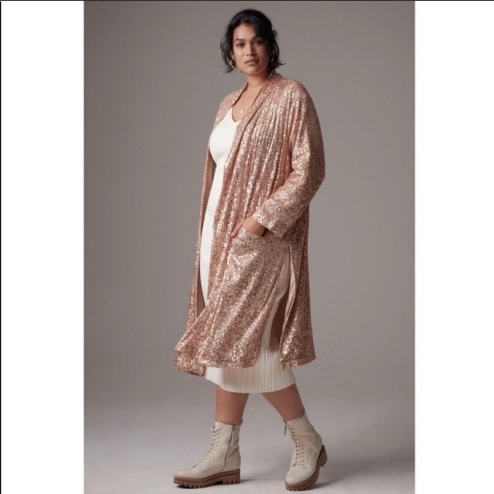 ANTHROPOLOGIE Sequined Embellishment Open Front Duster Jacket, Coral NWT
